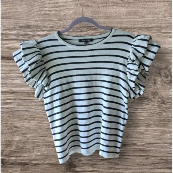 Strut & Bolt Flutter Sleeves Top Striped Shirt Ruffled Womens Nautical Sz Large - Picture 1 of 8